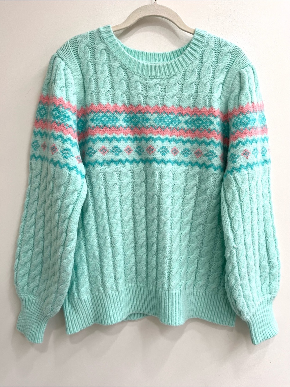 Easel mint green pink fair isle cable-knit crewneck sweater coquette pastel LG